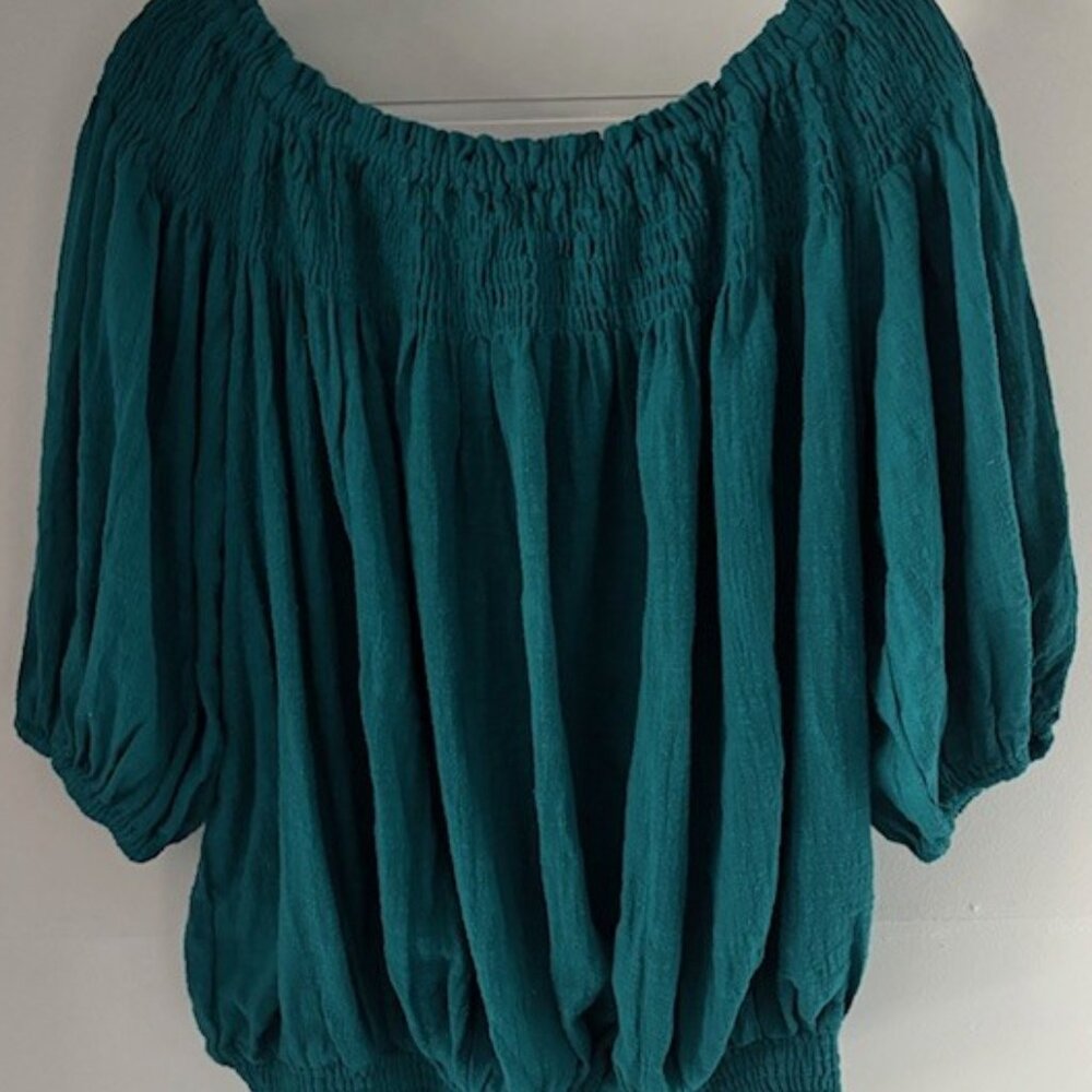 GiGiO USA Green Blue Peasant Top L Puff Sleeve Feminine Festival Flattering NWT - Picture 3 of 7